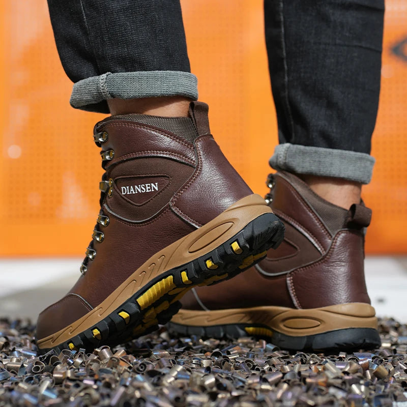 VEIGAR Waterproof Leather Work Boots For Men Safety Anti Puncture