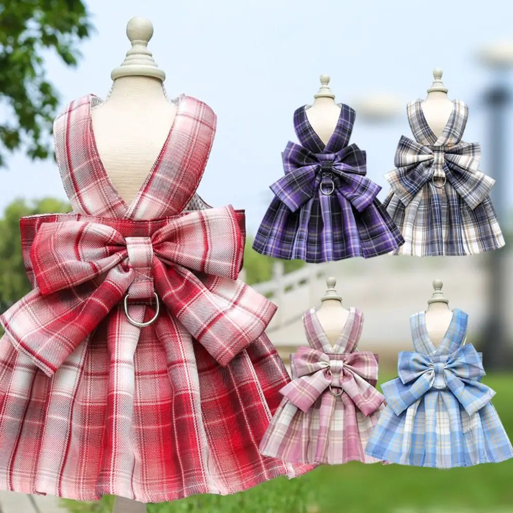 JK Style Pet Plaid Dacron Dress With Leash