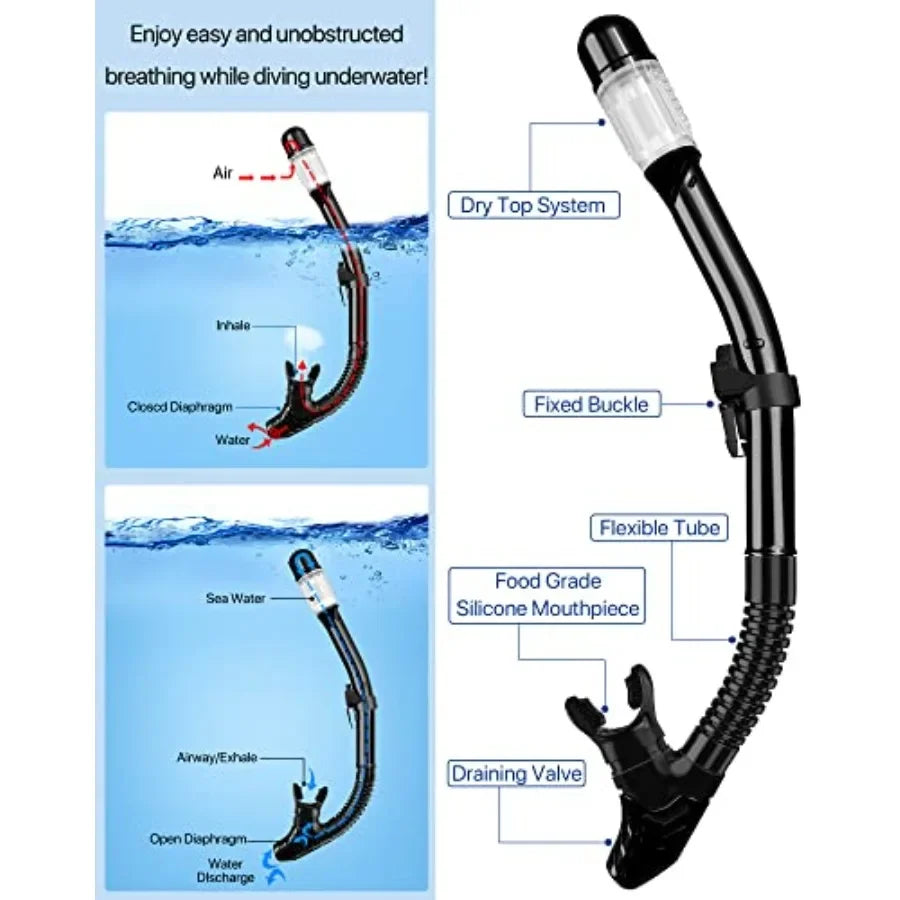 4-In-1 Snorkel Set With Panoramic View Mask Dry Top Snorkel
