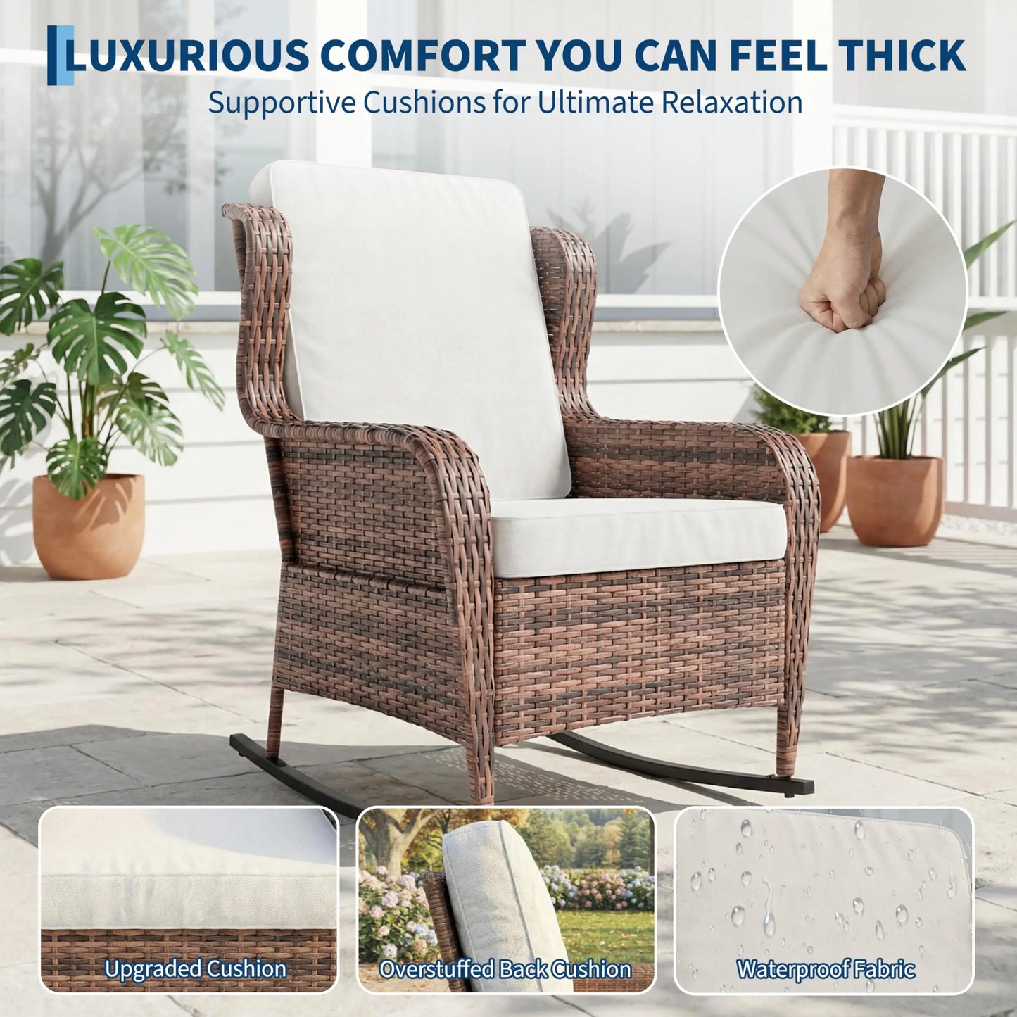 HiMISS Outdoor Wicker Rocking Chair All Weather Patio Rocker Cushions