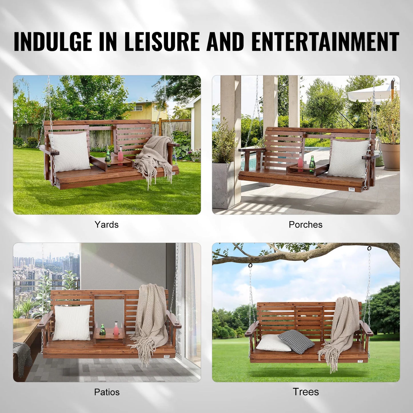 SucceBuy Wooden Porch Swing Outdoor Patio Garden Bench