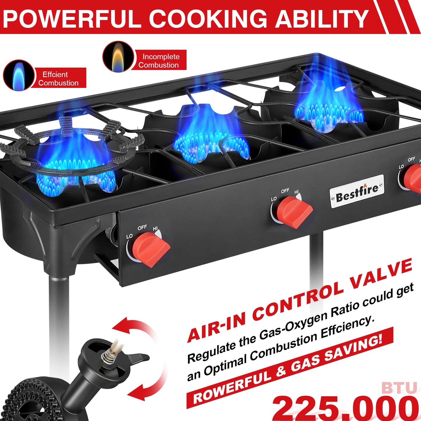 3 Burner Propane Camping Stove With Adjustable Regulator And Removable Legs