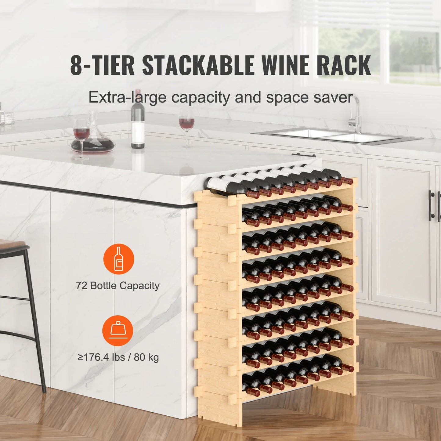SucceBuy Bamboo Eight Tier Stackable Free Standing Wine Rack Display