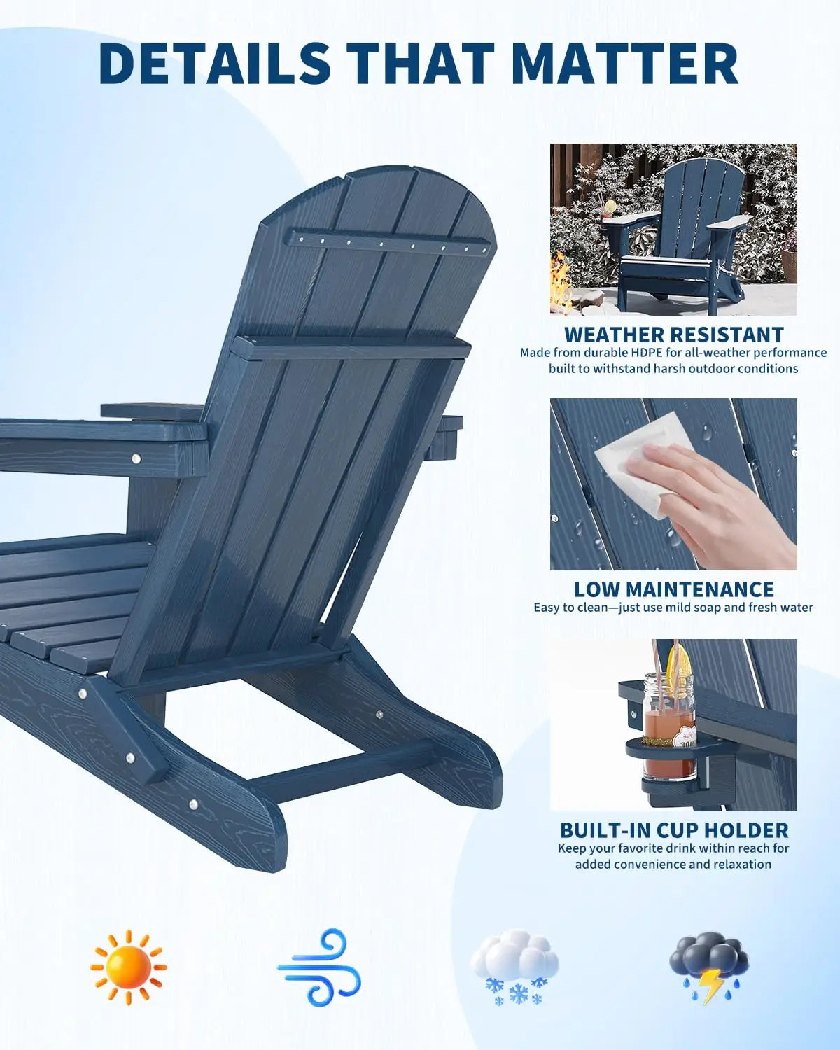 HiMISS All-Weather Folding Adirondack Chair With Cup Holder