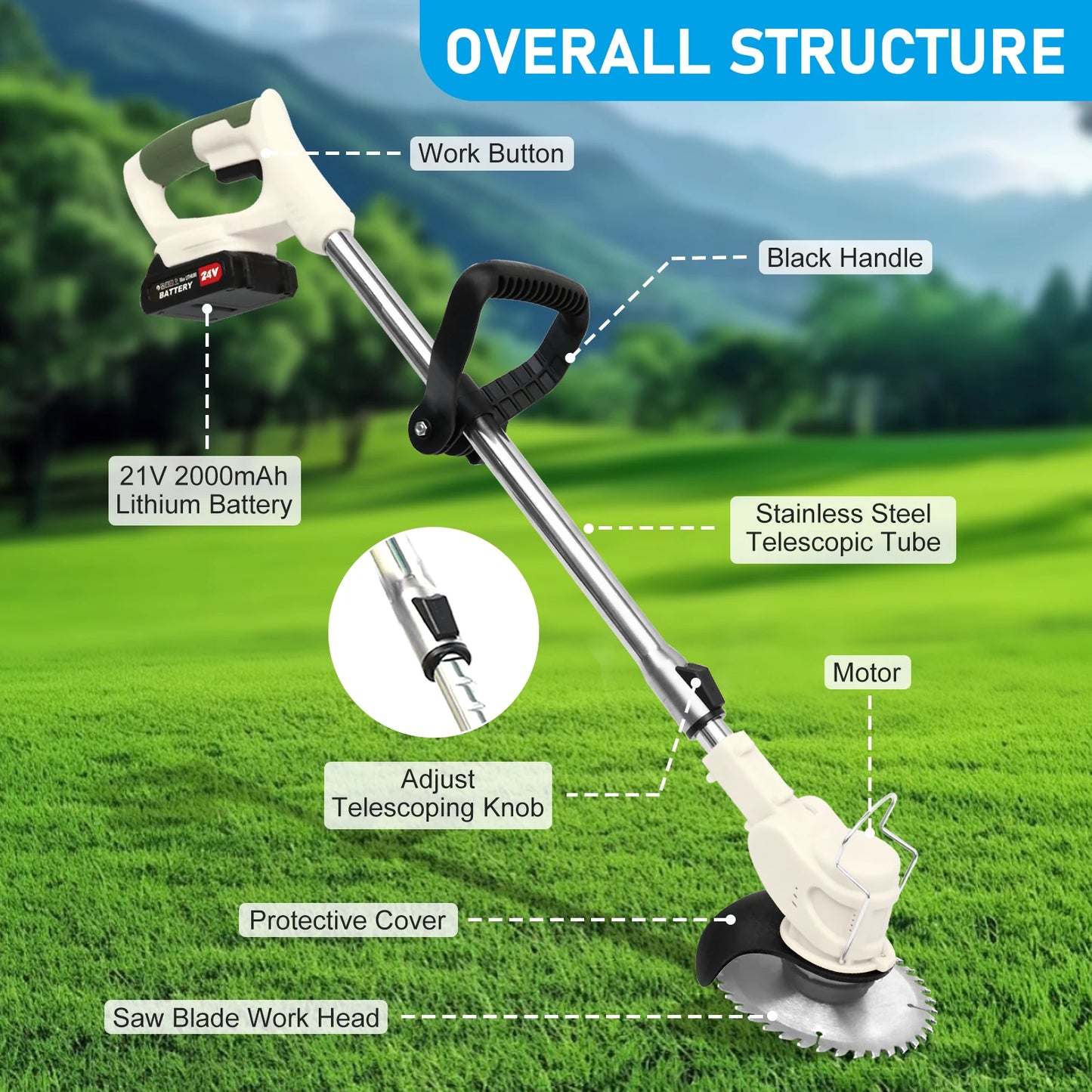 21V Cordless Grass Trimmer 3-In-1 With 2x2Ah Batteries
