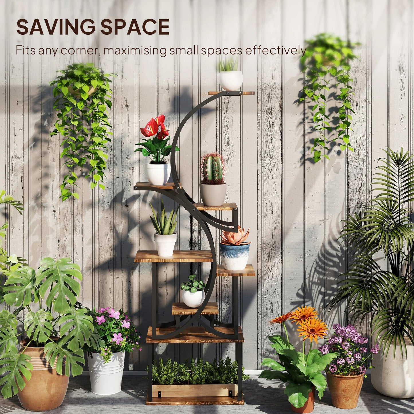 8 Tier Corner Plant Stand S Shaped Shelf Carbonized Finish