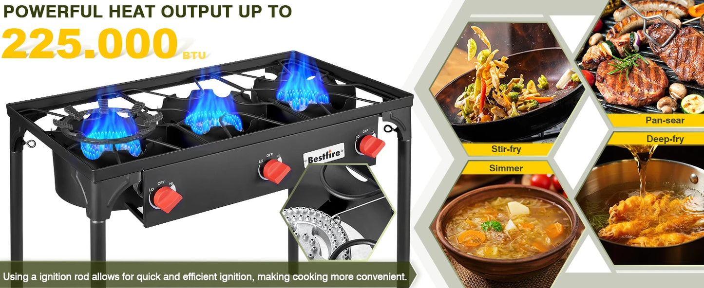 3 Burner Propane Camping Stove With Adjustable Regulator And Removable Legs
