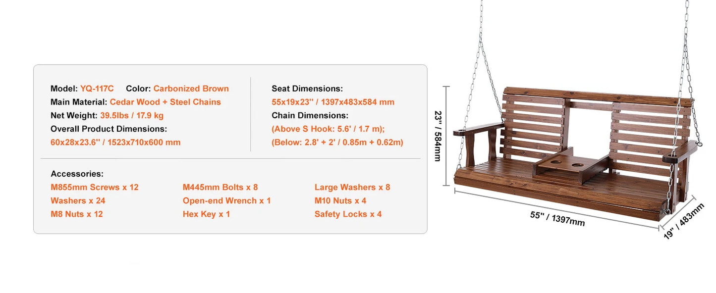 SucceBuy Wooden Porch Swing Outdoor Patio Garden Bench