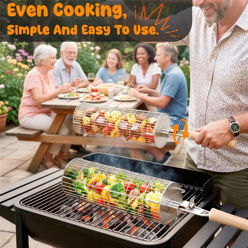 XIUWO Rolling Grill Basket Stainless Steel Removable Handle