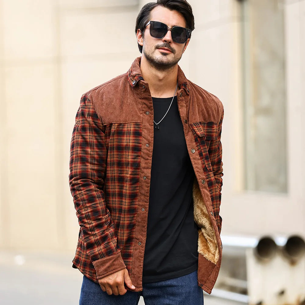 Winter Windproof Bomber Jacket for Men Plaid Sherpa Lined Flannel