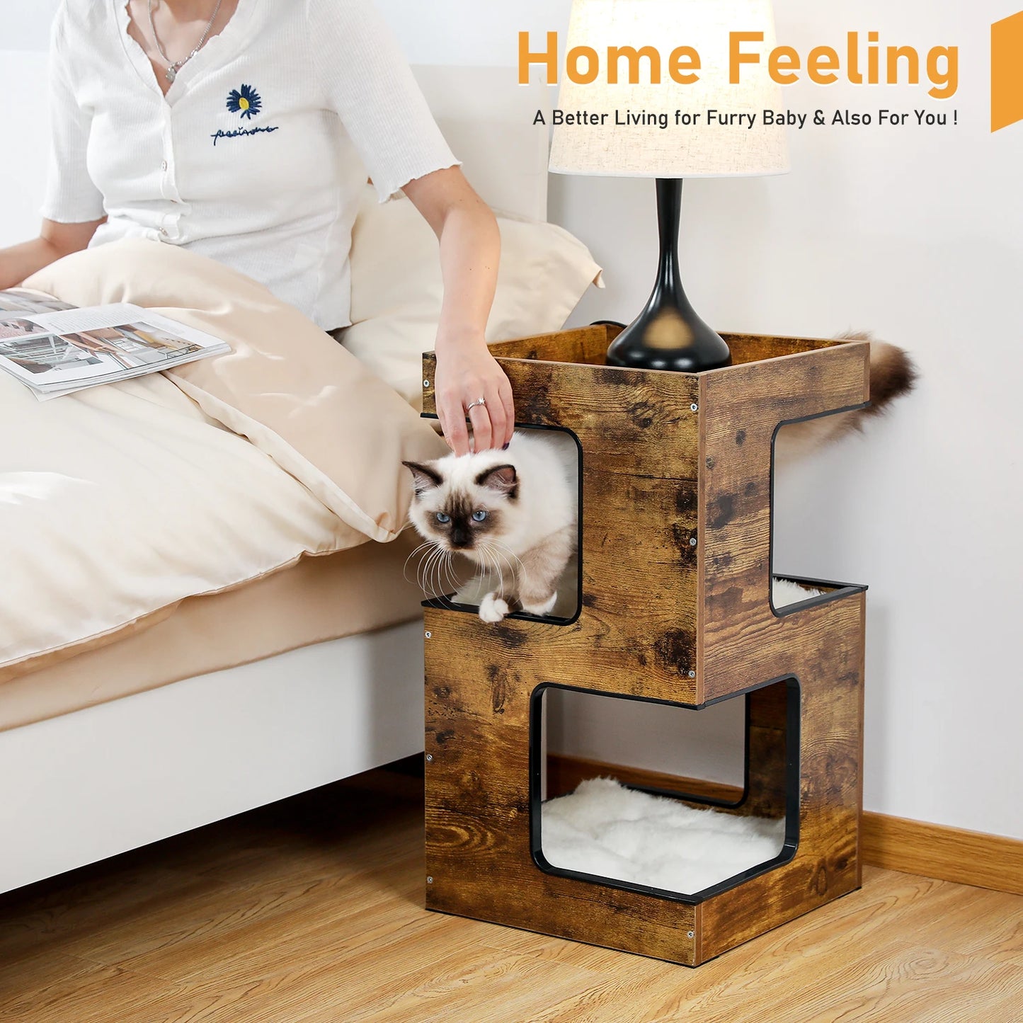 PAWZ Road Wooden Cat Condo House with Soft Mats And Scratcher