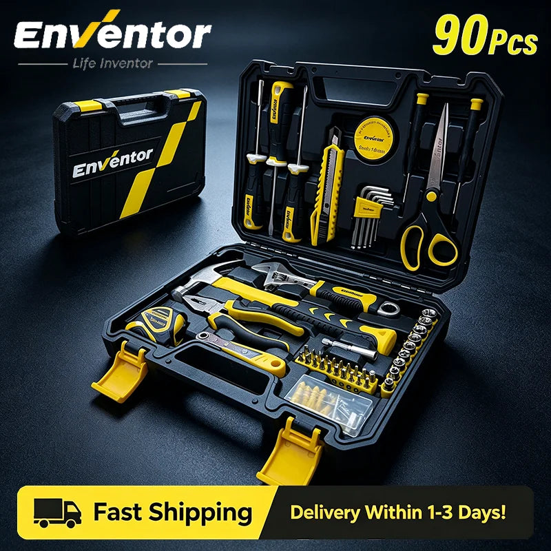 Enventor 90 Piece Home Tool Kit With Storage Box For DIY Projects