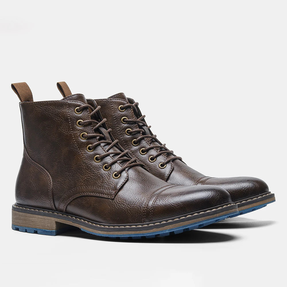 Classic Men's Spring Leather Ankle Boots With Zipper And Metal Decoration
