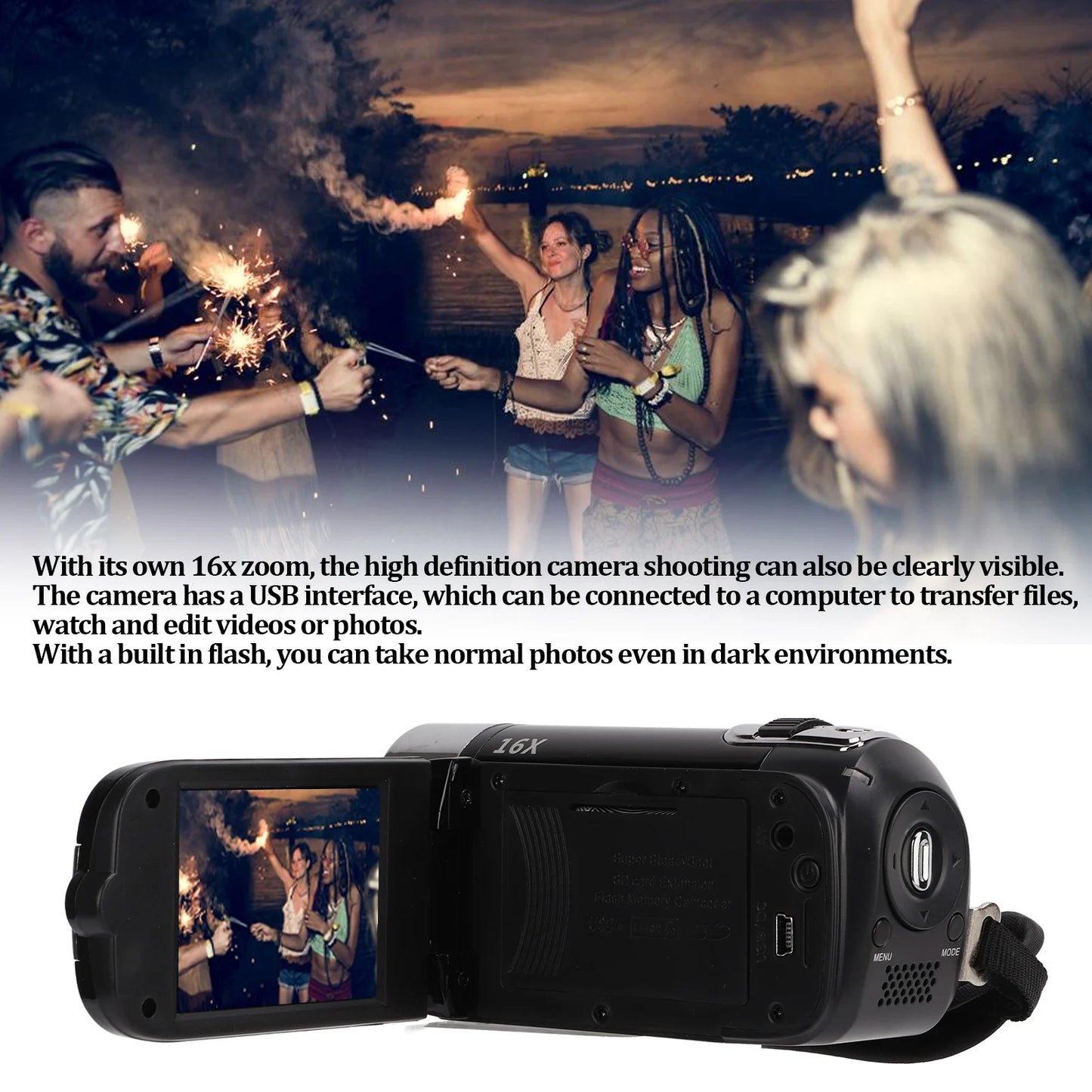 Arealer Video Camera Camcorder 16MP 270 Degree Rotation 1080P