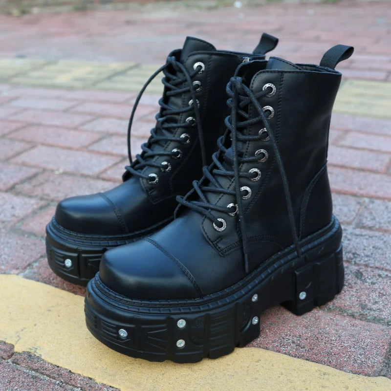 Women Gothic Motorcycle Boots With Metal Decoration And Platform