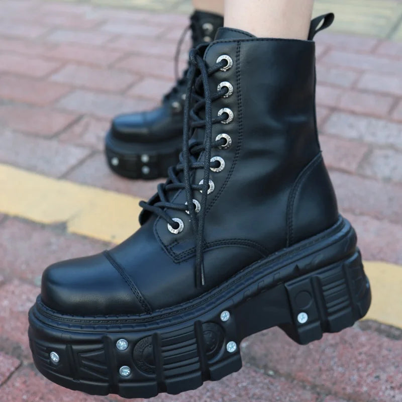 Women Gothic Motorcycle Boots With Metal Decoration And Platform