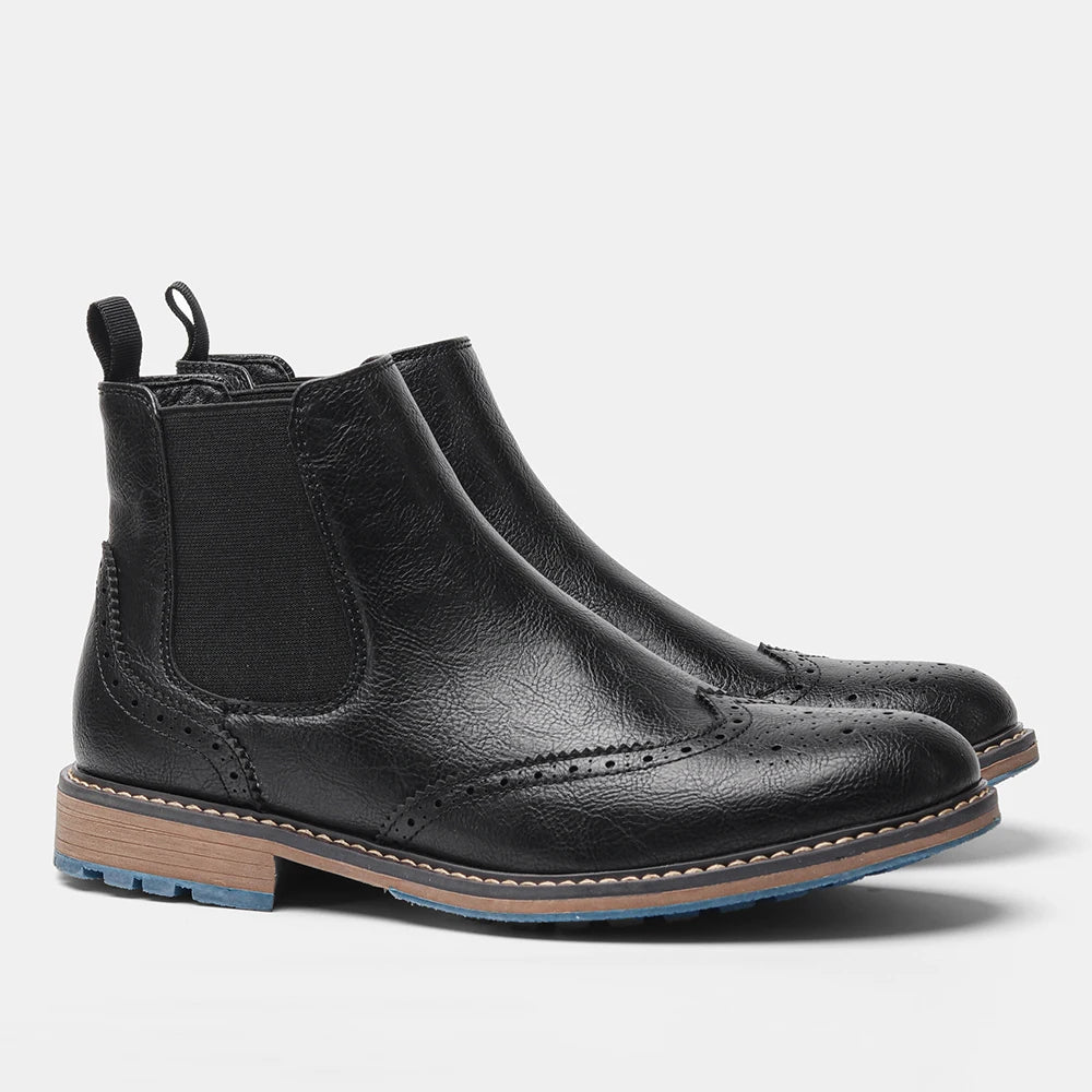 Classic Men's Spring Leather Ankle Boots With Zipper And Metal Decoration