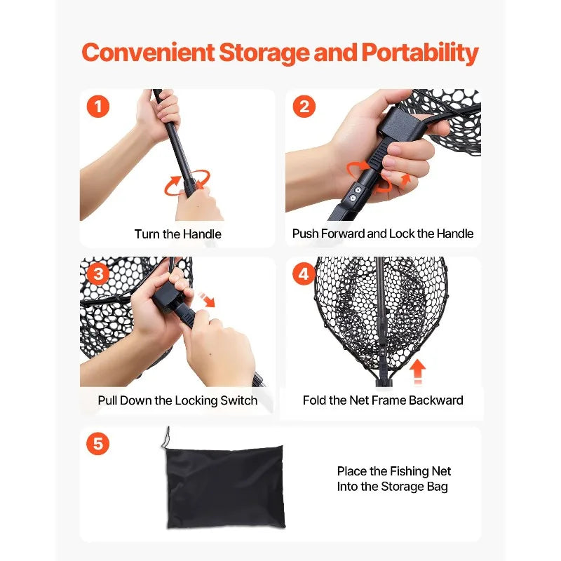 Foldable Fishing Landing Net With Telescopic Handle Soft Silicone