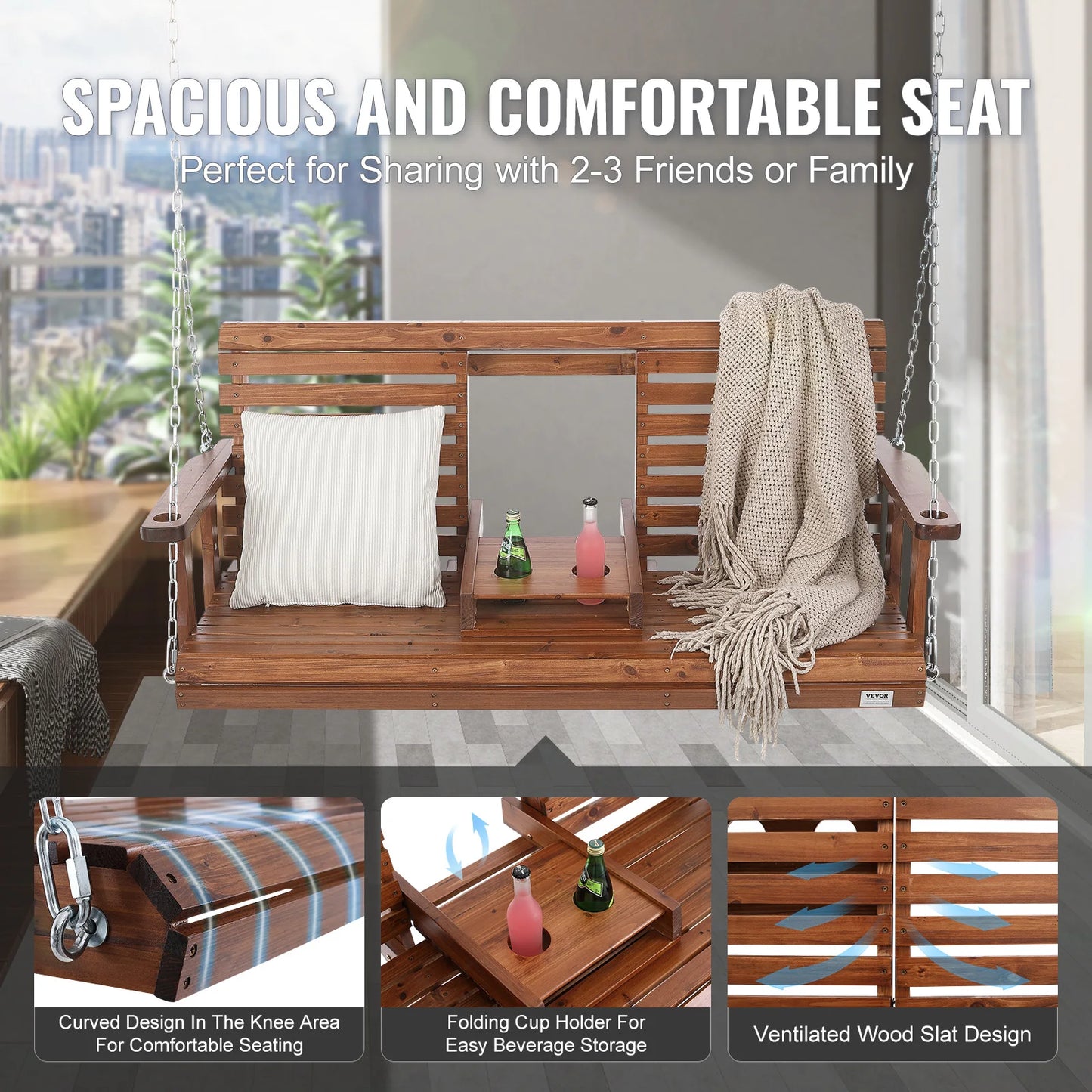 SucceBuy Wooden Porch Swing Outdoor Patio Garden Bench