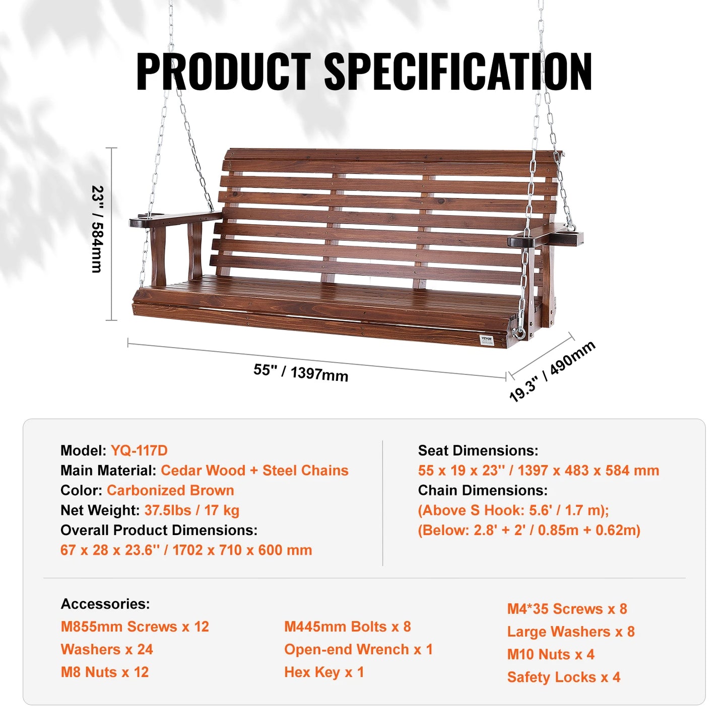 SucceBuy Wooden Porch Swing Outdoor Patio Garden Bench