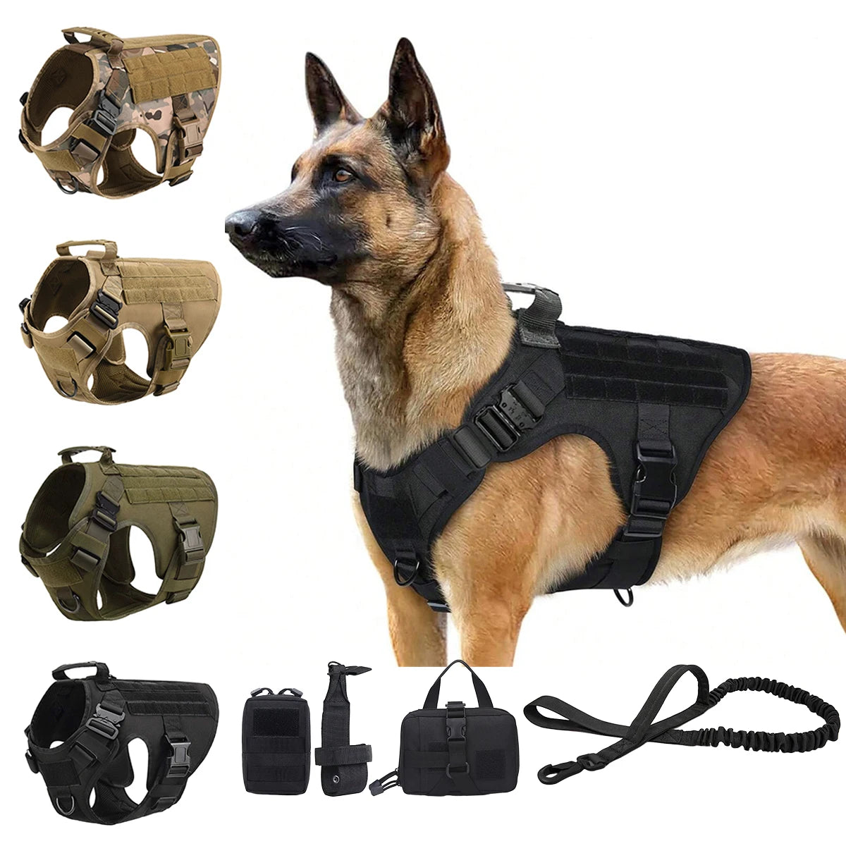 Nylon Tactical Dog Harness With Molle Pouches For Medium Dogs
