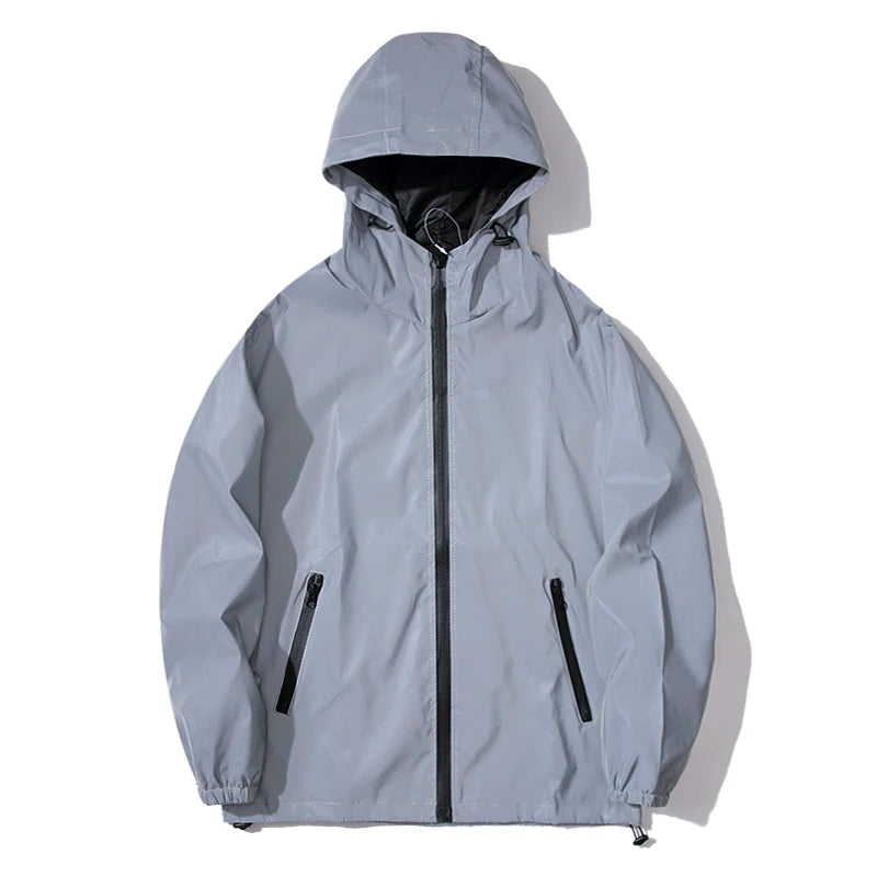 Night Reflective Windbreaker Hooded Jacket For Men Waterproof Zipper Coat