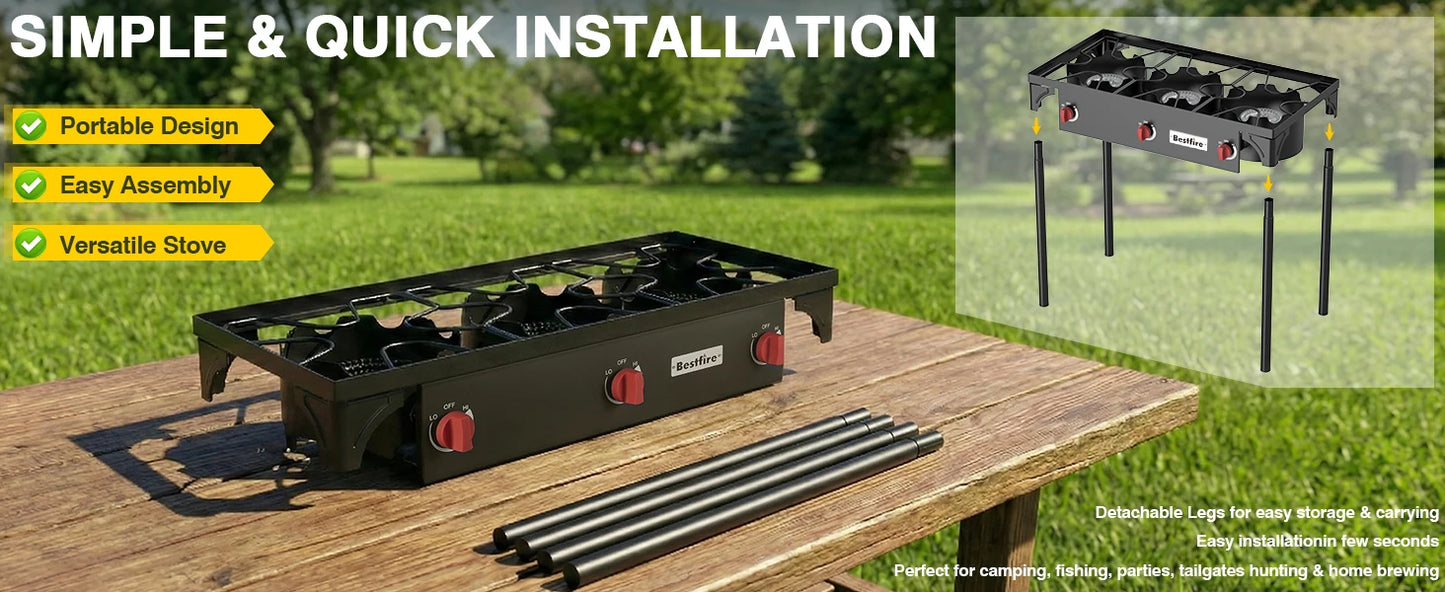 3 Burner Propane Camping Stove With Adjustable Regulator And Removable Legs