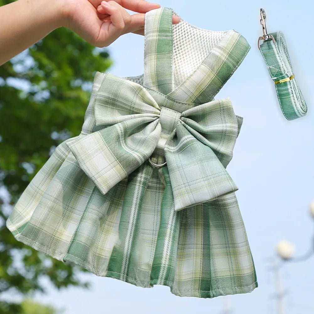 JK Style Pet Plaid Dacron Dress With Leash