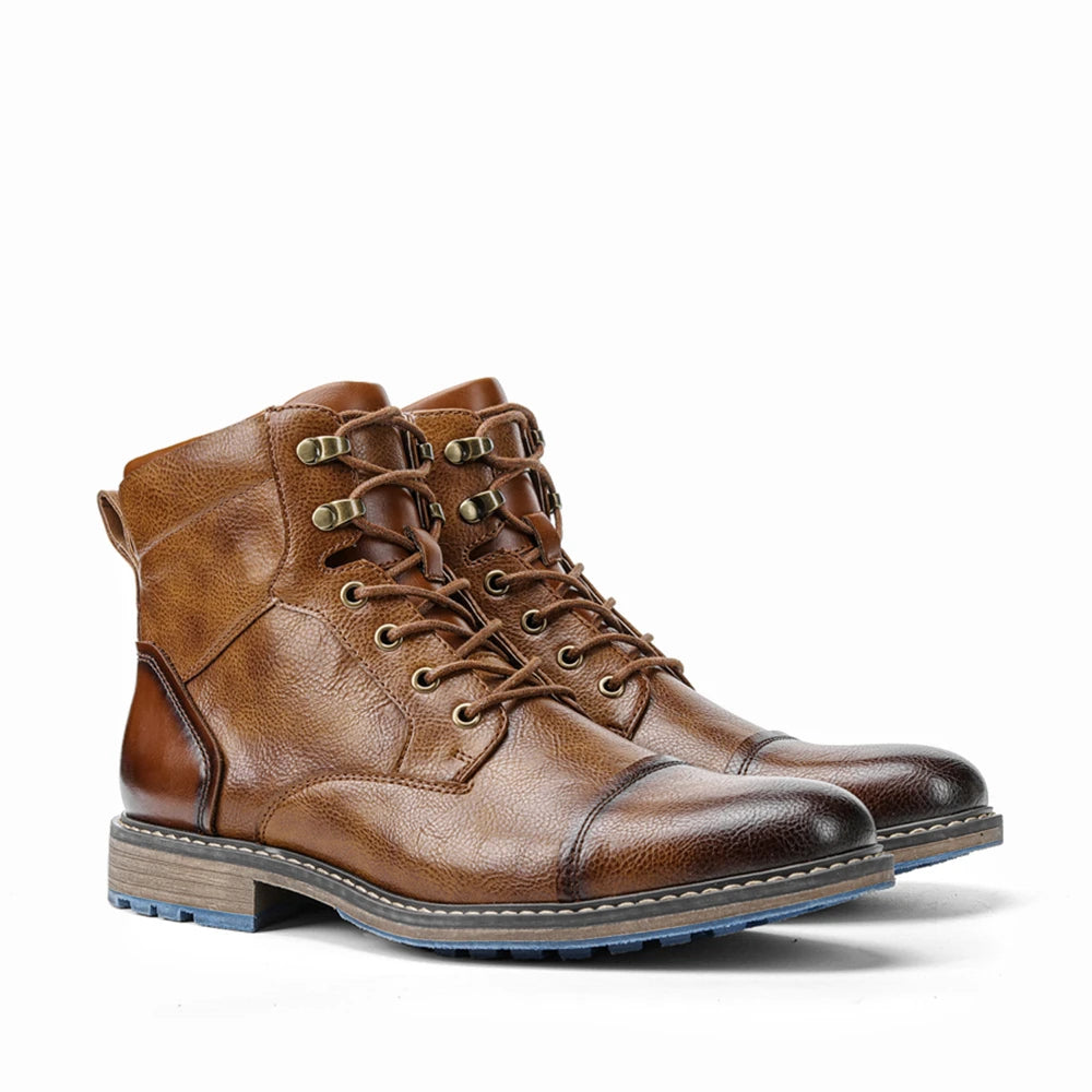 Classic Men's Spring Leather Ankle Boots With Zipper And Metal Decoration