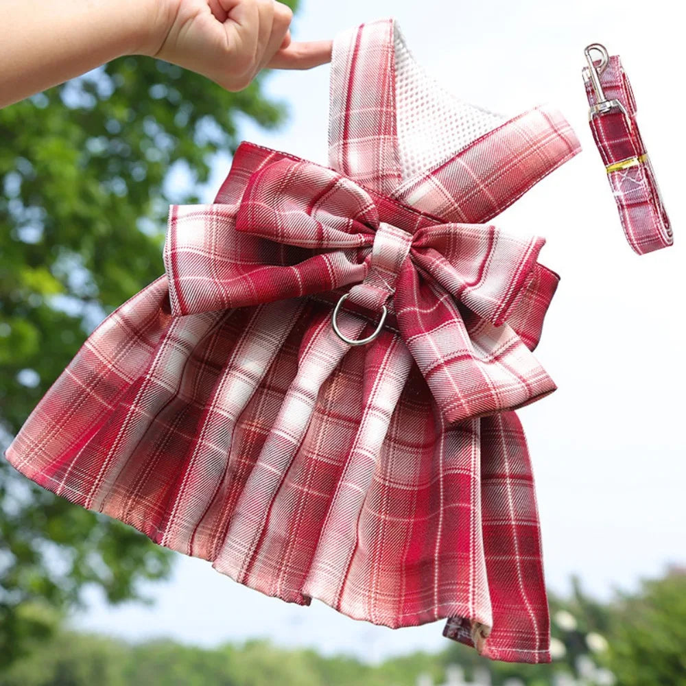 JK Style Pet Plaid Dacron Dress With Leash