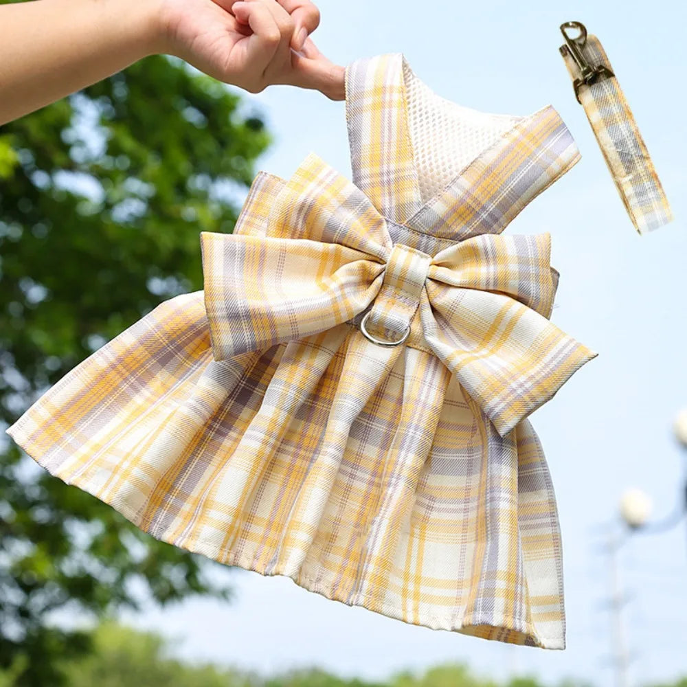 JK Style Pet Plaid Dacron Dress With Leash