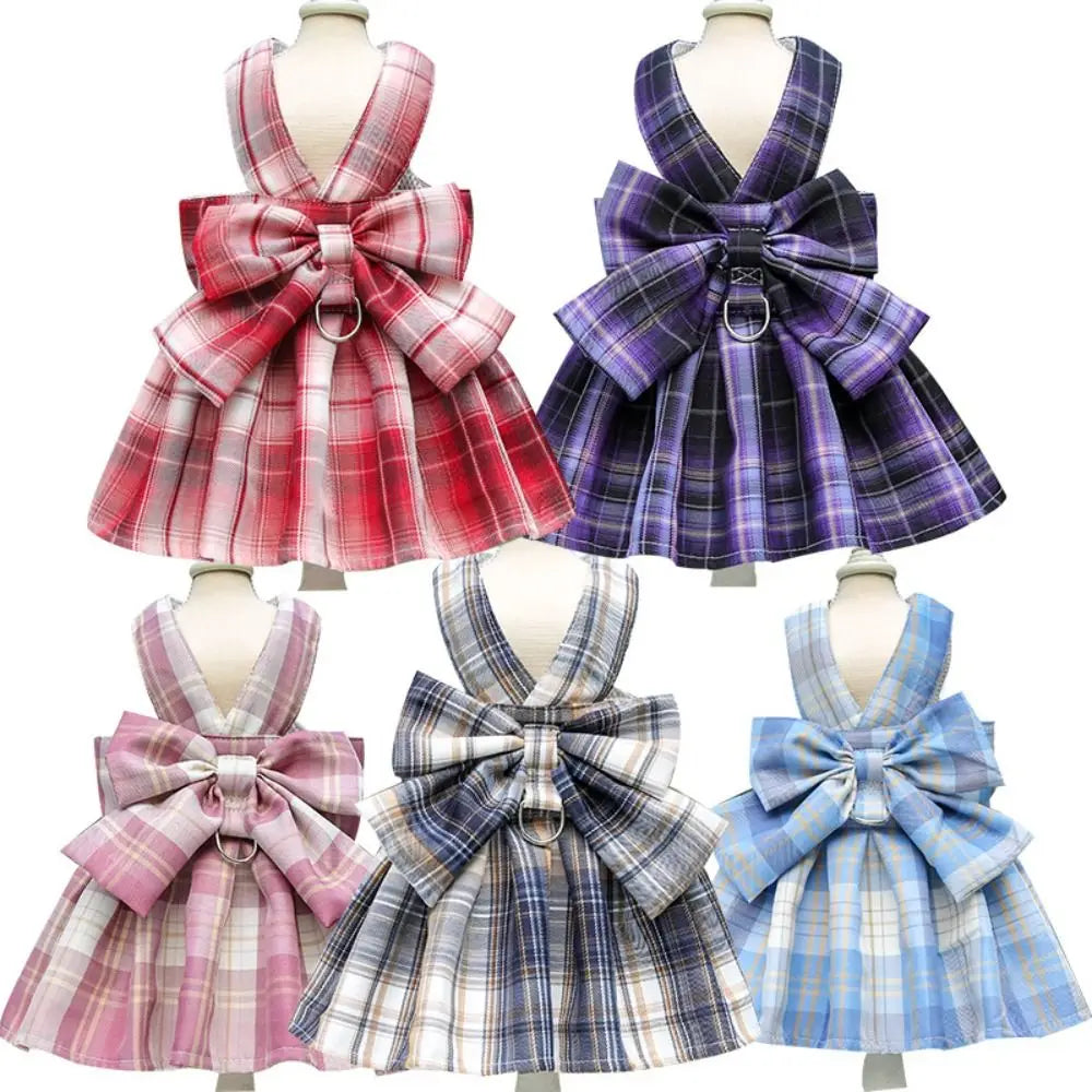 JK Style Pet Plaid Dacron Dress With Leash