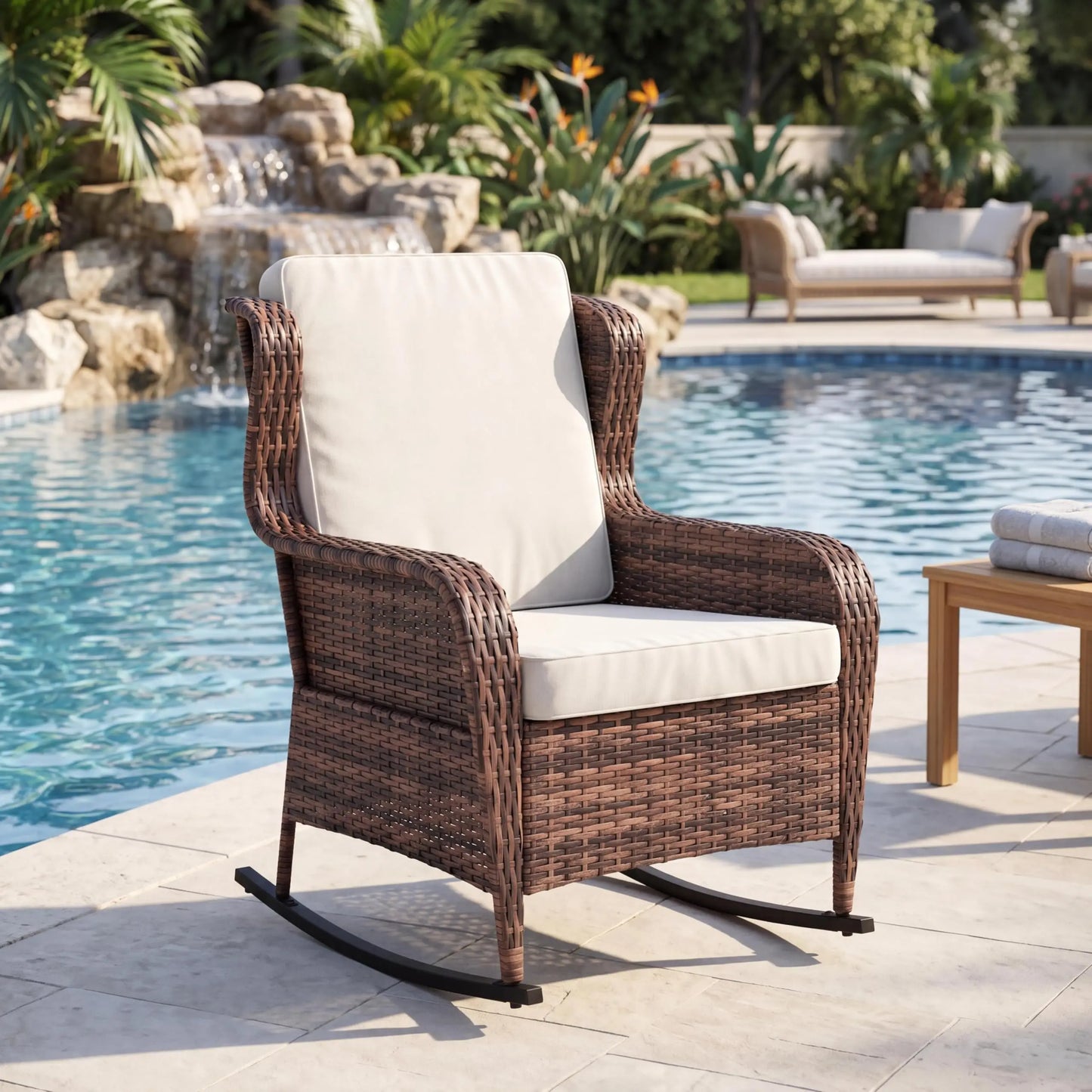 HiMISS Outdoor Wicker Rocking Chair All Weather Patio Rocker Cushions