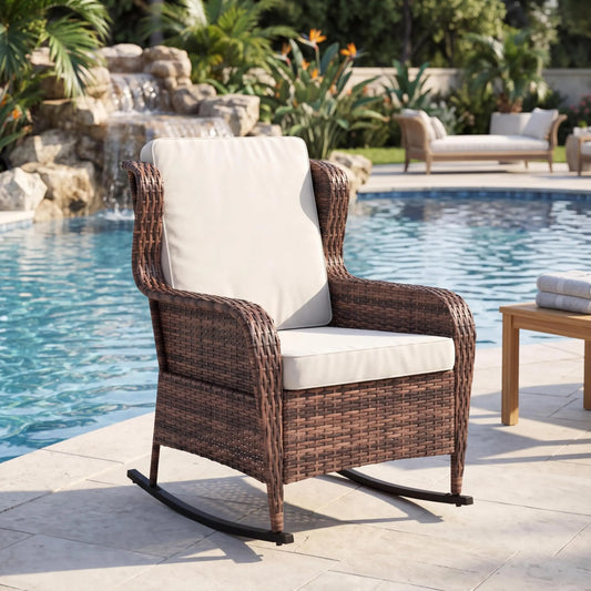 HiMISS Outdoor Wicker Rocking Chair All Weather Patio Rocker Cushions