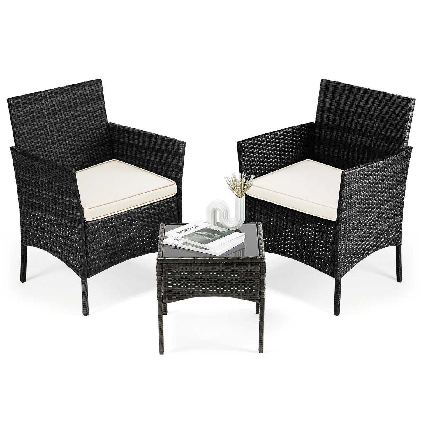 JHK Outdoor Patio Furniture Set With Wicker Chairs Glass Table
