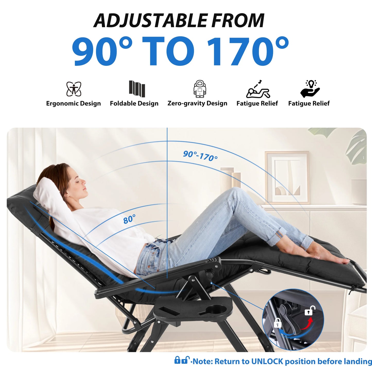 MCQ Zero Gravity Cushioned Lounge Chair Folding Camping Cup Holder