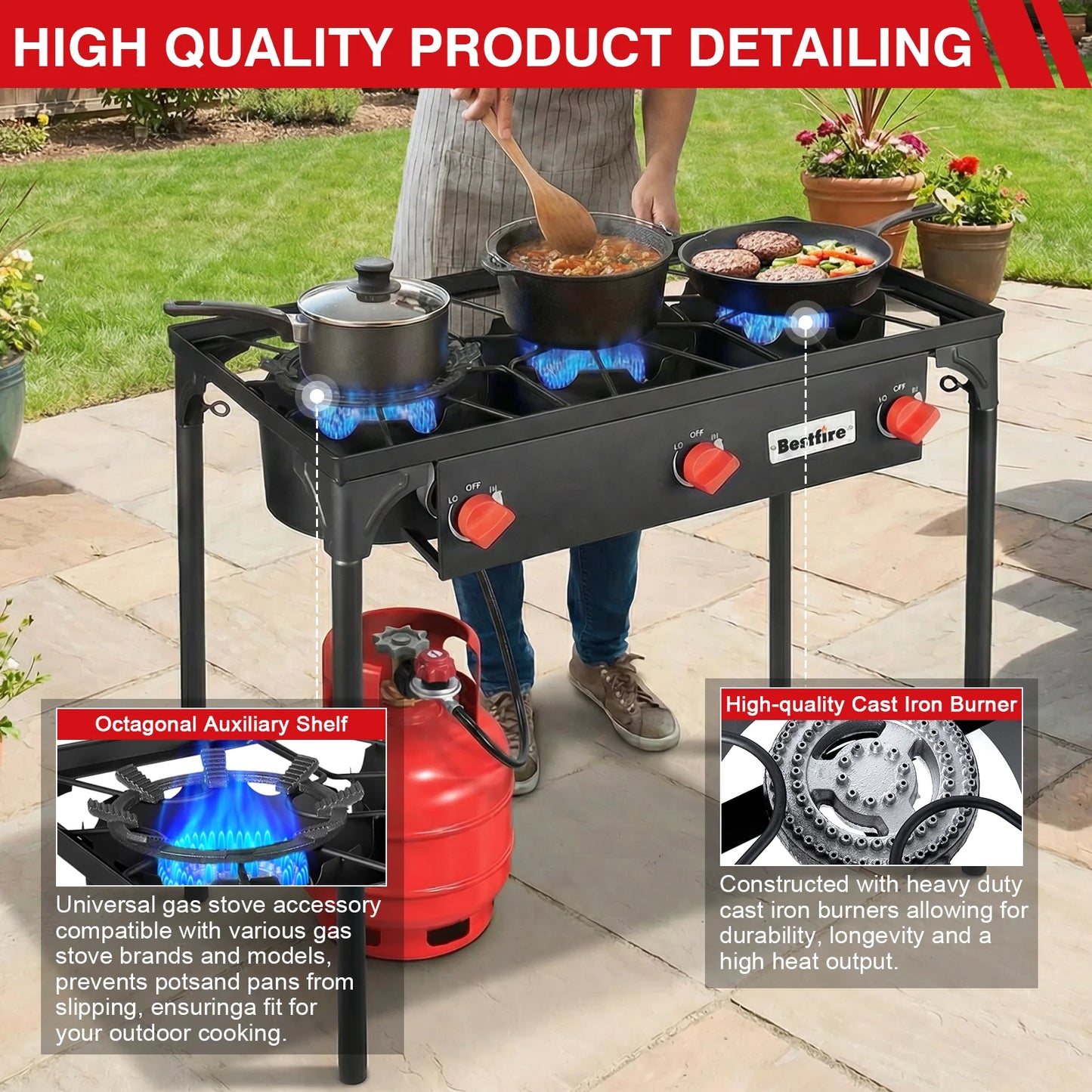 3 Burner Propane Camping Stove With Adjustable Regulator And Removable Legs