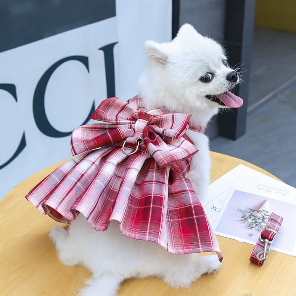 JK Style Pet Plaid Dacron Dress With Leash