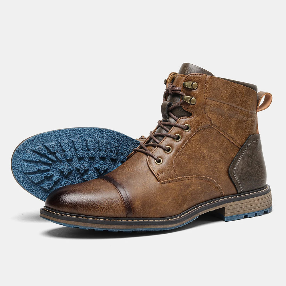 Classic Men's Spring Leather Ankle Boots With Zipper And Metal Decoration