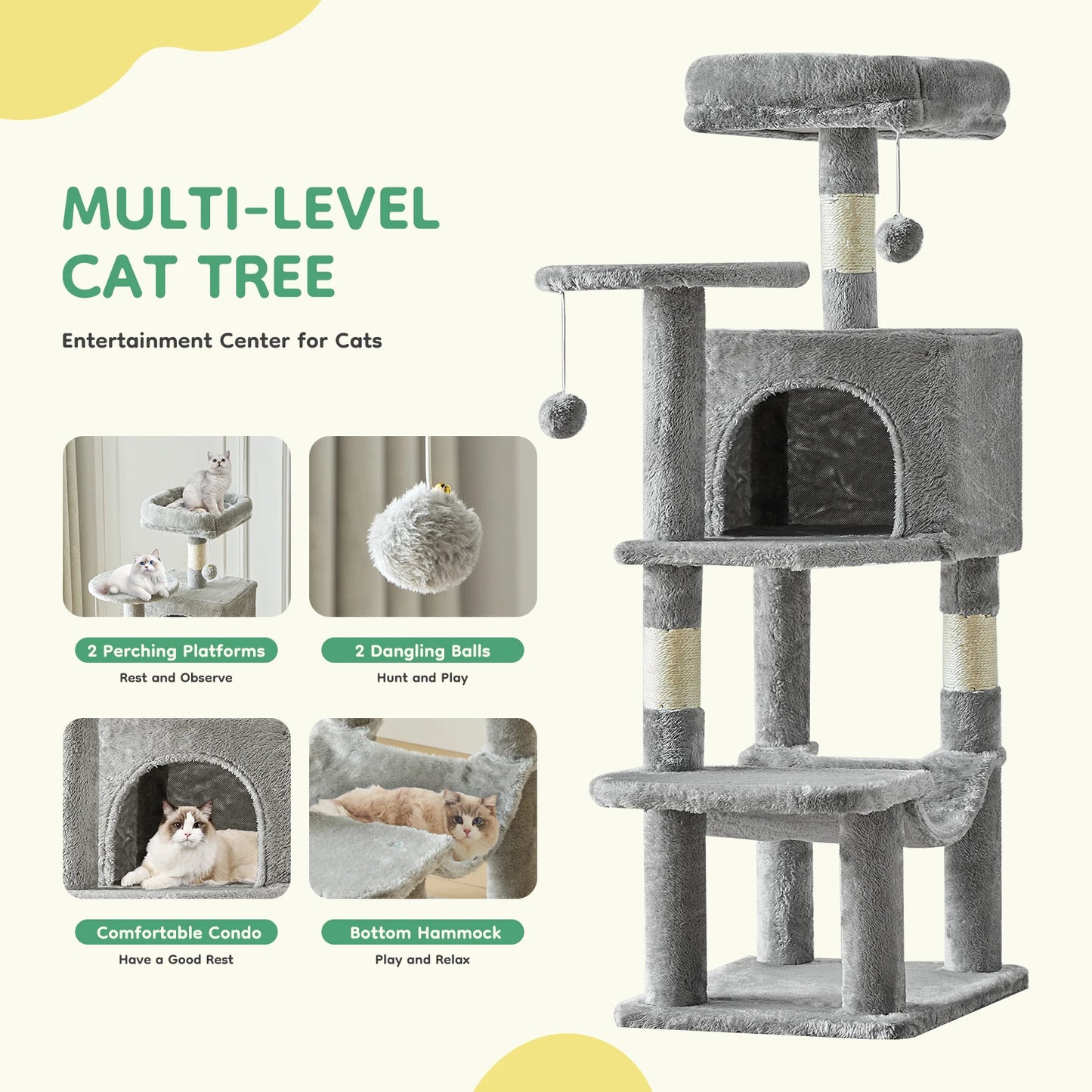 JHK Cat Tree Four Tier Tall Multi Cat Climbing Tower For Indoor Cats