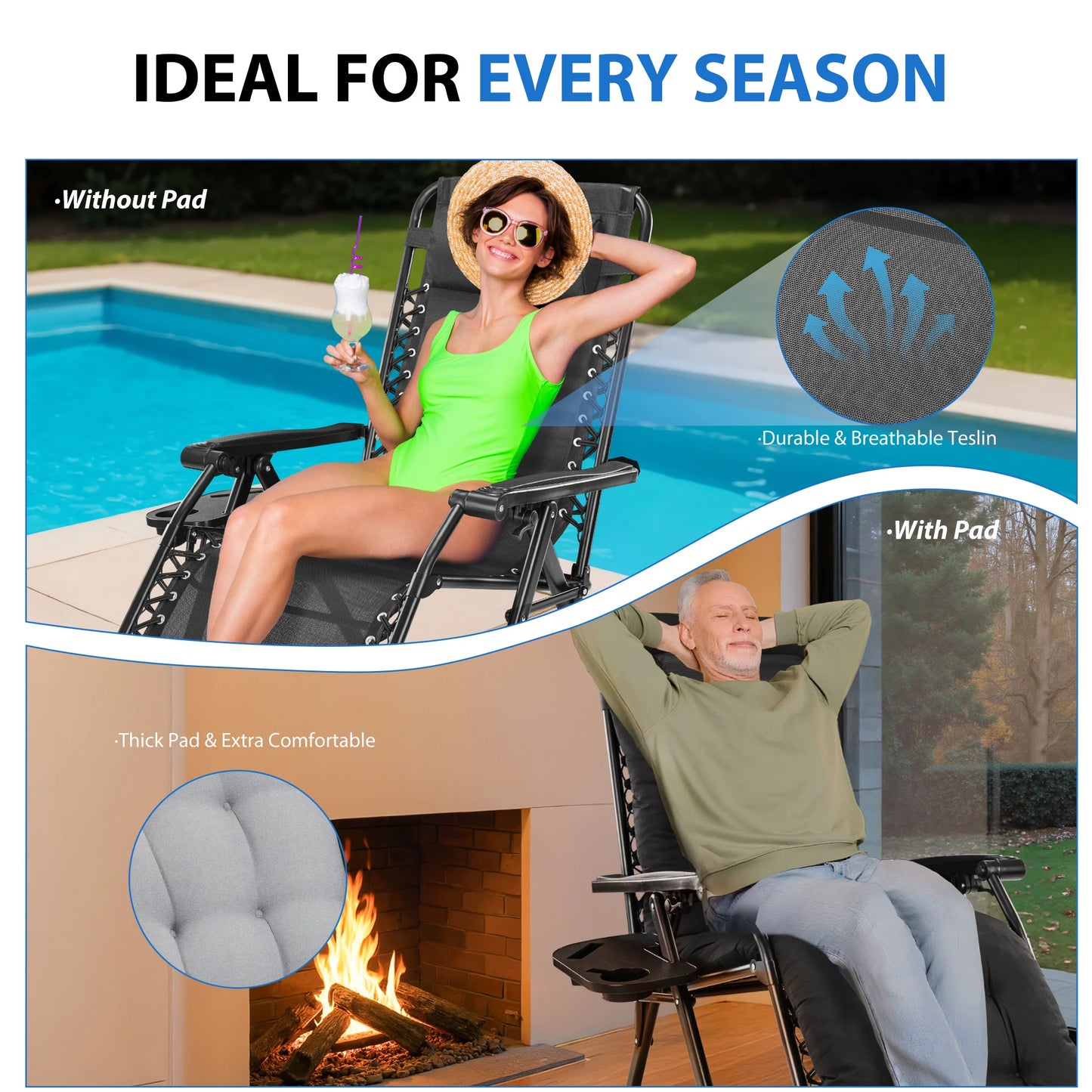 MCQ Zero Gravity Cushioned Lounge Chair Folding Camping Cup Holder