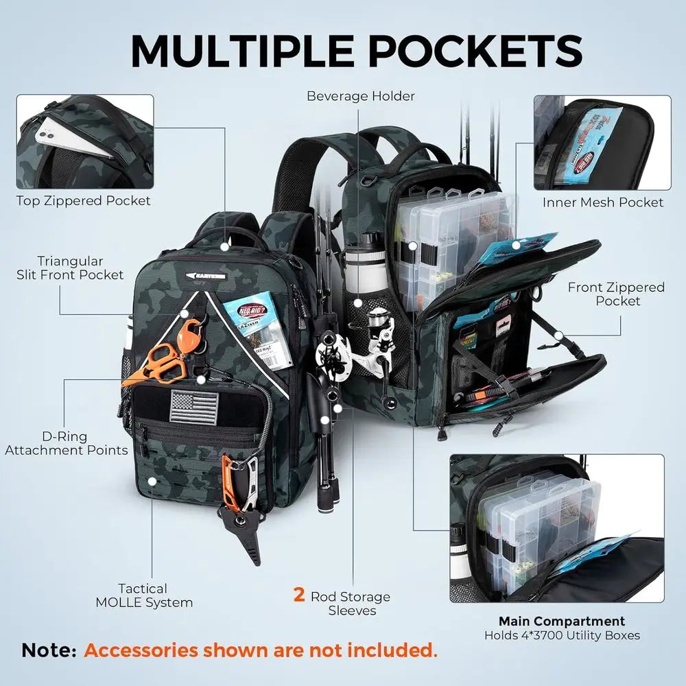 Water Resistant Fishing Tackle Backpack With Two Rod Holders