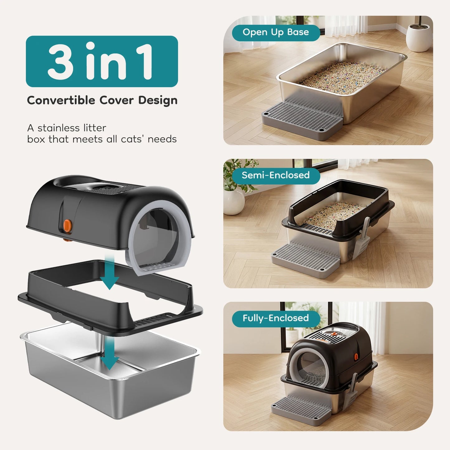 Stainless Steel Cat Litter Box With Fully Enclosed Design