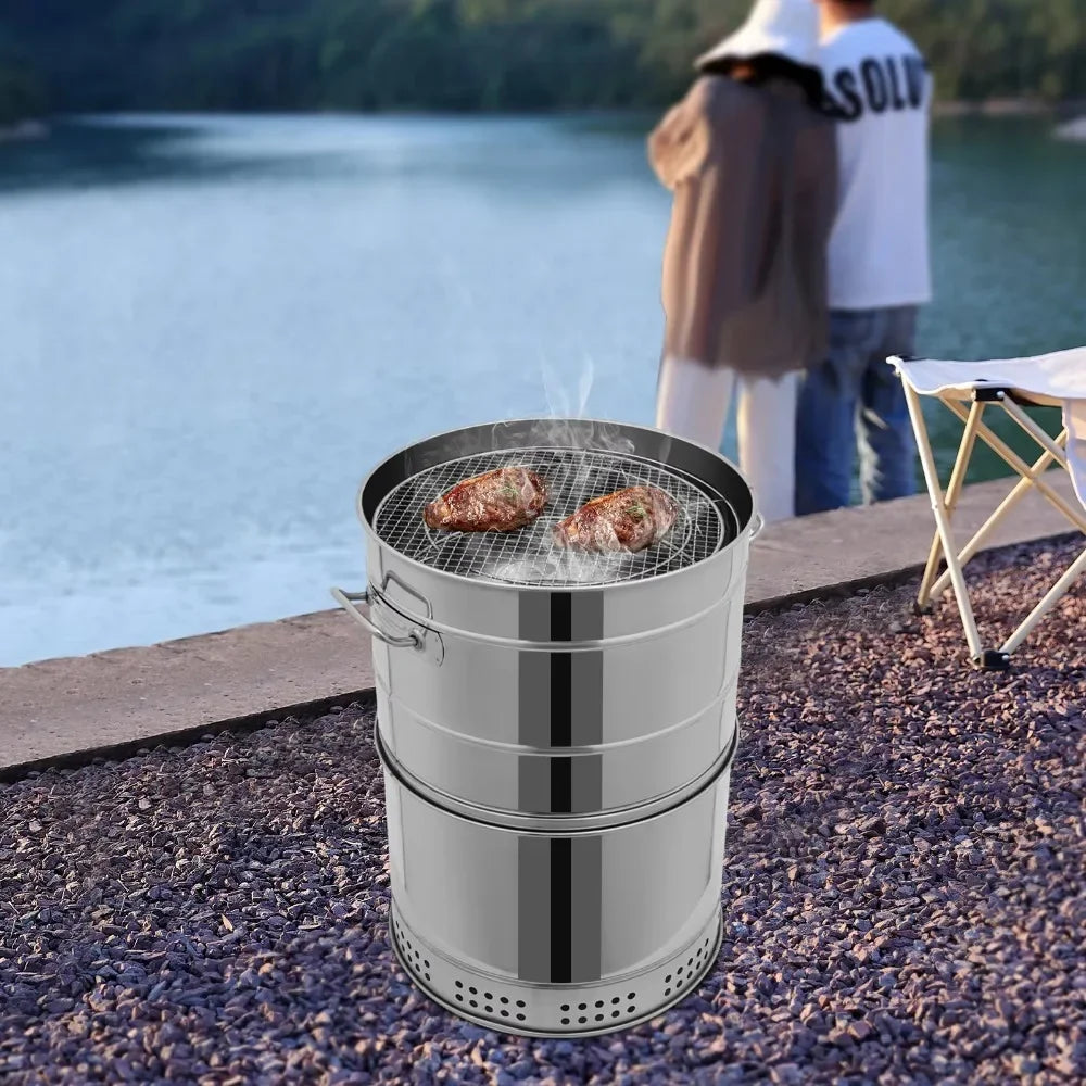 Smokeless Charcoal Grill 360 Stainless Steel BBQ Barrel With Skewers