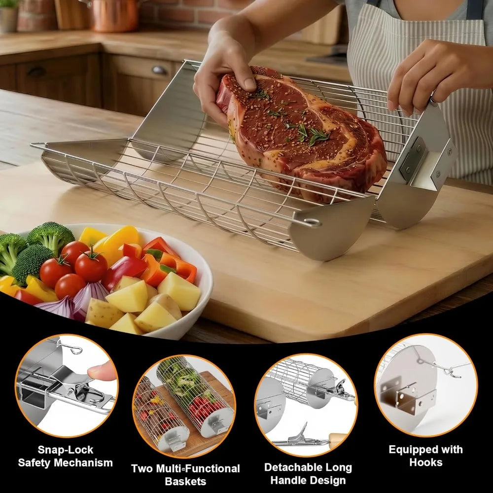 XIUWO Rolling Grill Basket Stainless Steel Removable Handle