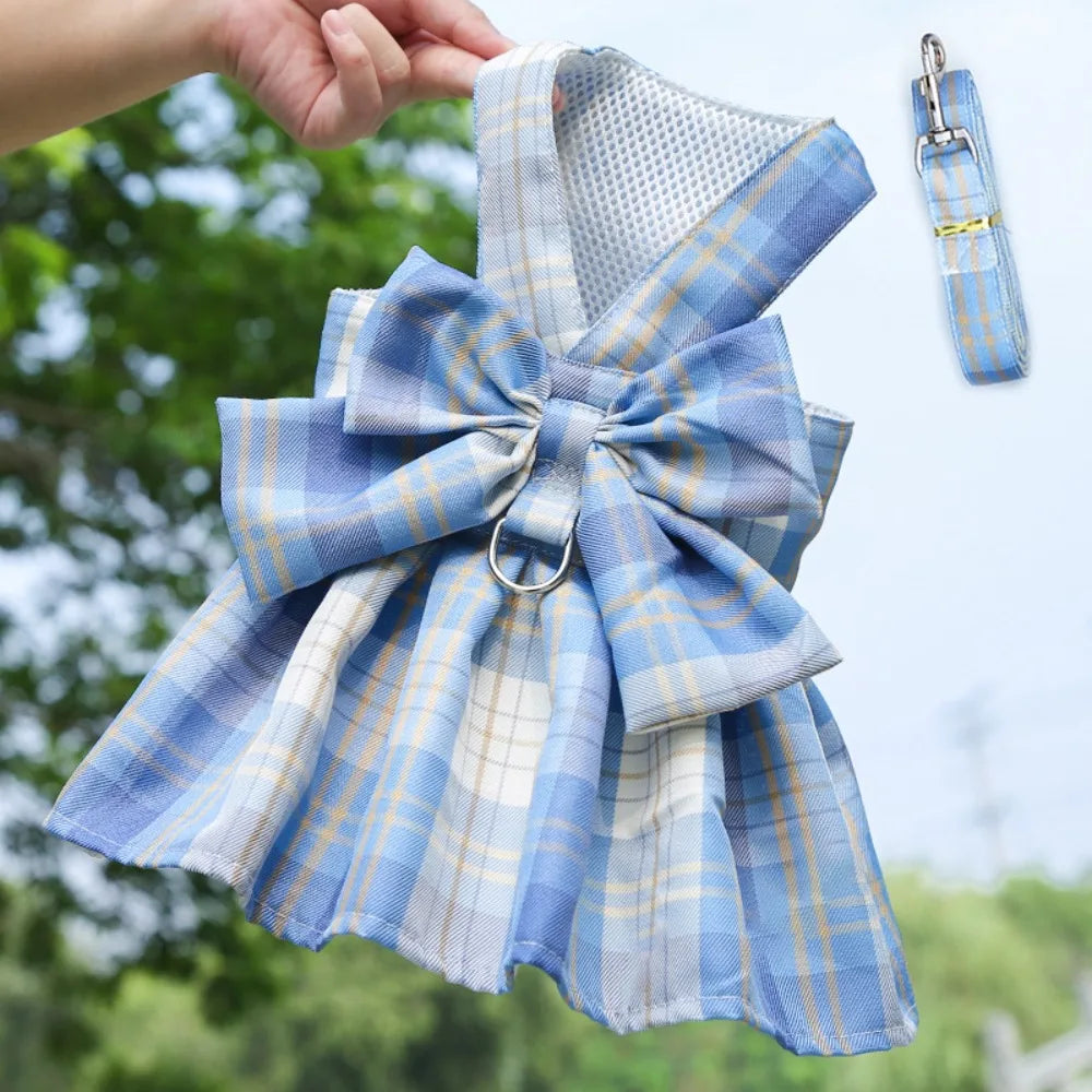 JK Style Pet Plaid Dacron Dress With Leash