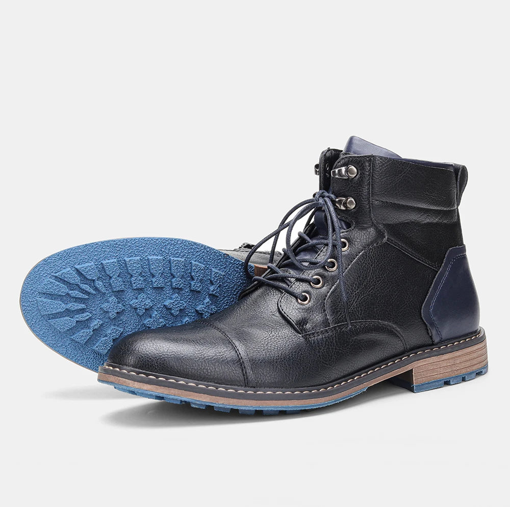 Classic Men's Spring Leather Ankle Boots With Zipper And Metal Decoration