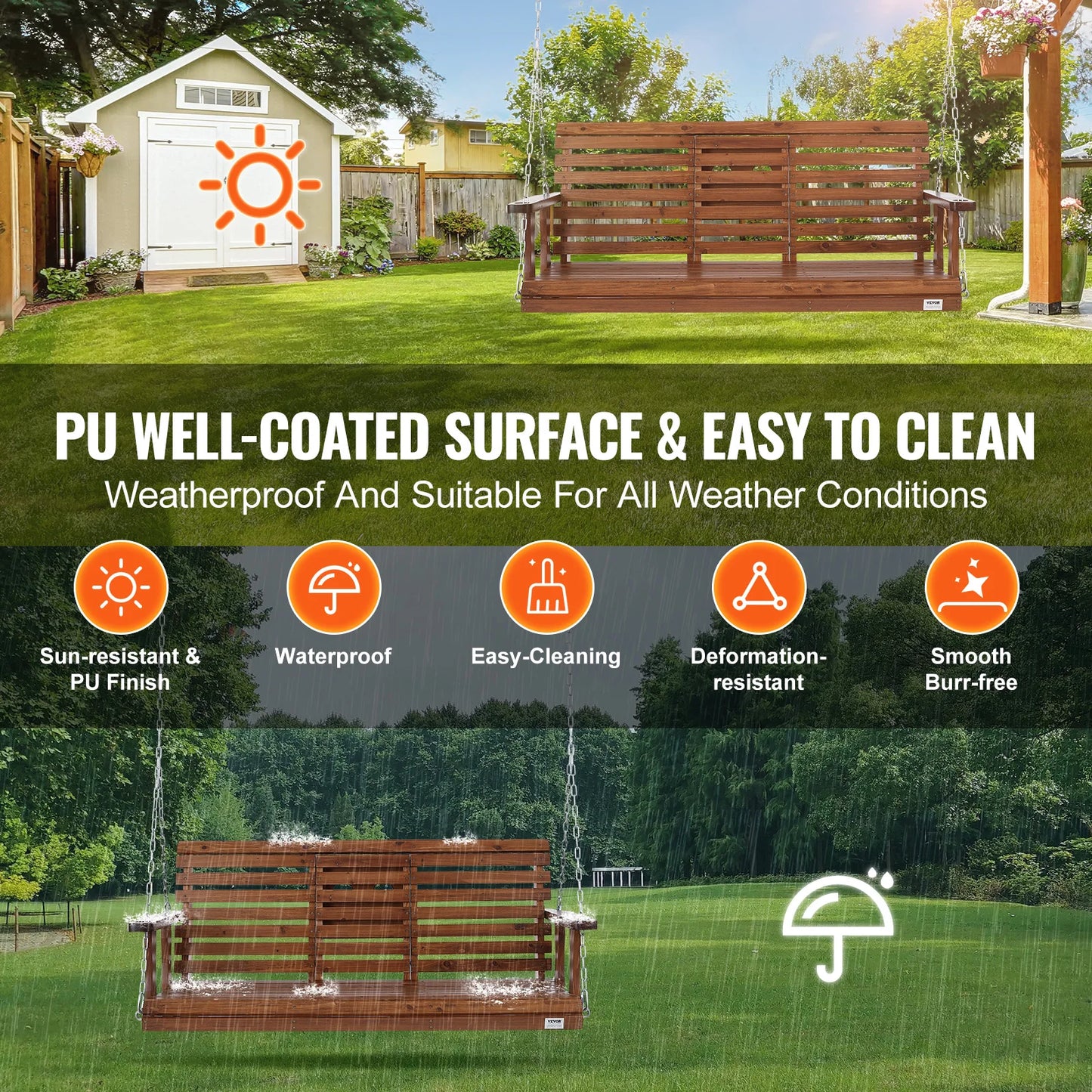 SucceBuy Wooden Porch Swing Outdoor Patio Garden Bench