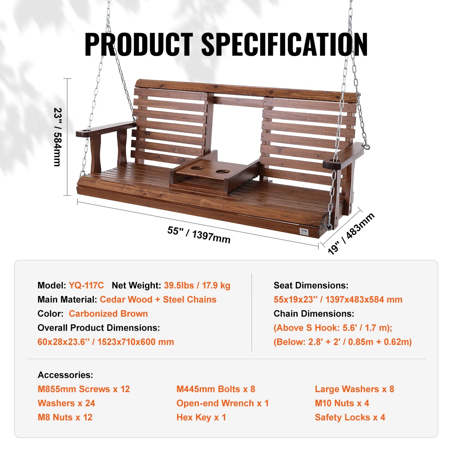 SucceBuy Wooden Porch Swing Outdoor Patio Garden Bench