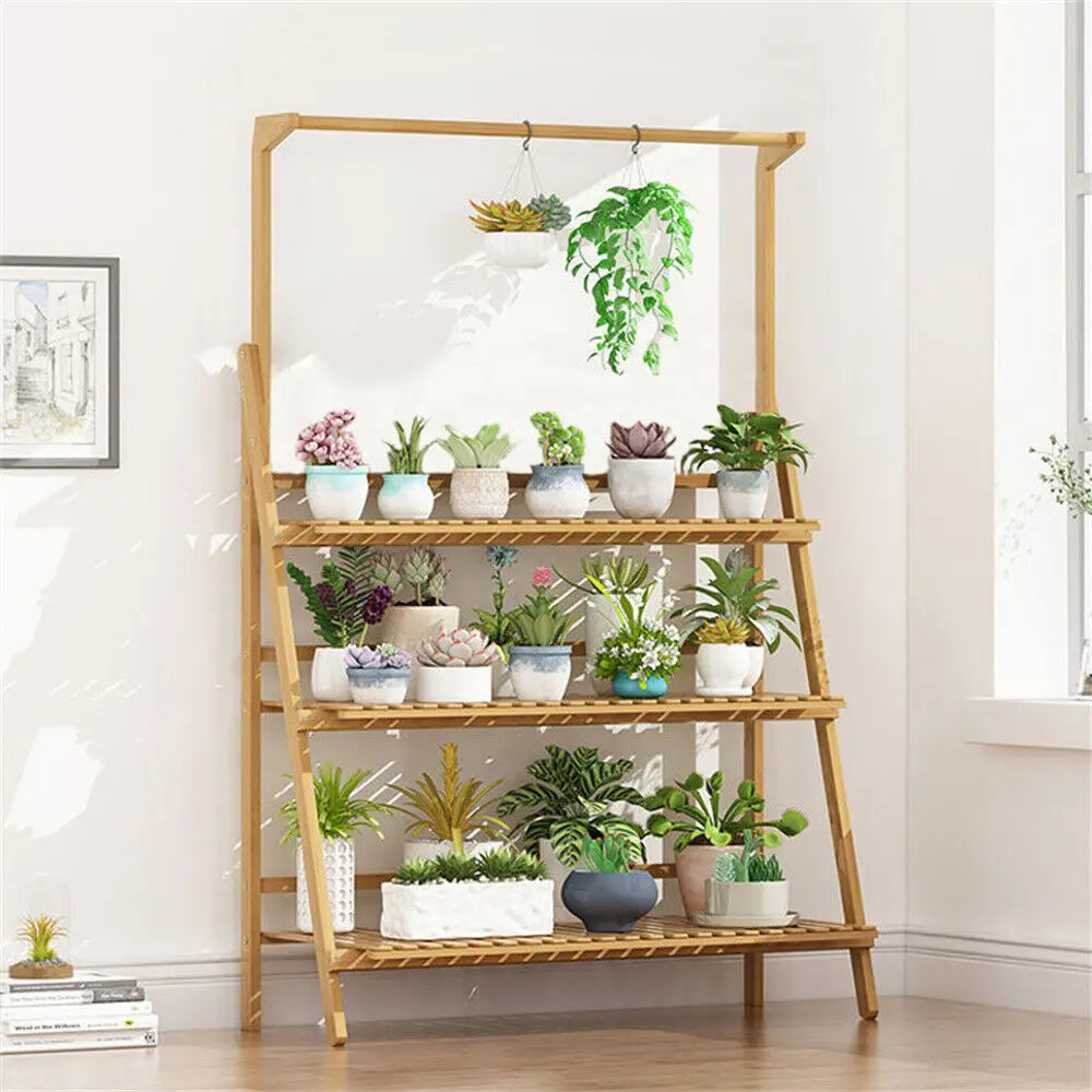 Folding Bamboo Plant Stand Three Tier Indoor Outdoor